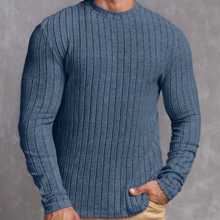 Ribbed Mens Slim Fit High Stretch Knitted T-Shirt - Ultra-Comfortable Long Sleeve Pullover for Spring & Fall - Versatile Round Neck Top