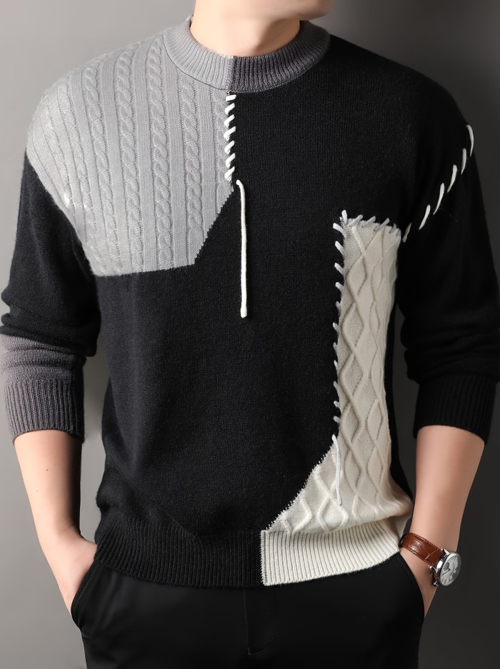1pc Men'S Korean Style Crew Neck Sweater, Casual Striped Pattern, Rib-Knit, Slight Stretch, Loose Fit, Acrylic Knit Fabric, Thick Warm Patchwork Pullover for Fall\u002FWinter - Fashionable Color Block Base Layer Top 12422