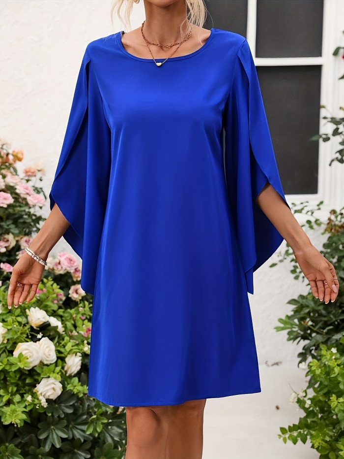 Elegant Solid Color Midi Dress with Petal Sleeves and Side Slits - Crew Neck, Loose Fit for Women - Perfect for Spring, Summer & Fall