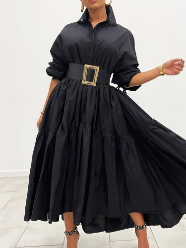 Chic Solid Color Pleated Maxi Dress - Elegant Long Sleeve Collared Design, Flowy Loose Fit, Perfect for Spring & Fall, Women's Clothing for Casual Occasions