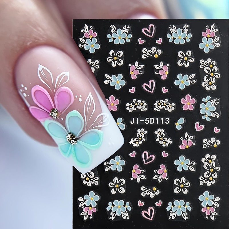 2sheets 5D Embossed Flower Nail Stickers Pink Blue Petals Butterfly French Line Acrylic Spring Summer Floral Slider Nail Decor Nail Art Supplies