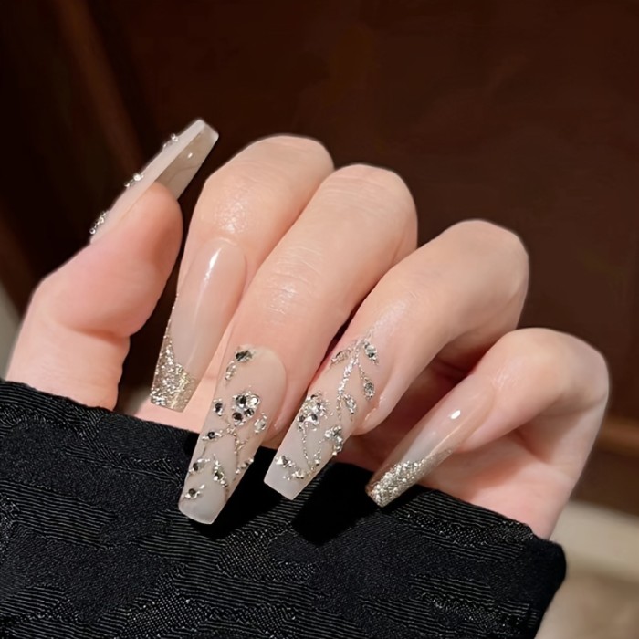 Glamorous Long Ballet Press On Nails – Elegant Nude Glossy Finish with Glitter Rhinestone Floral Desi actionTypes to Keep Women's Manicure Everyday Chic