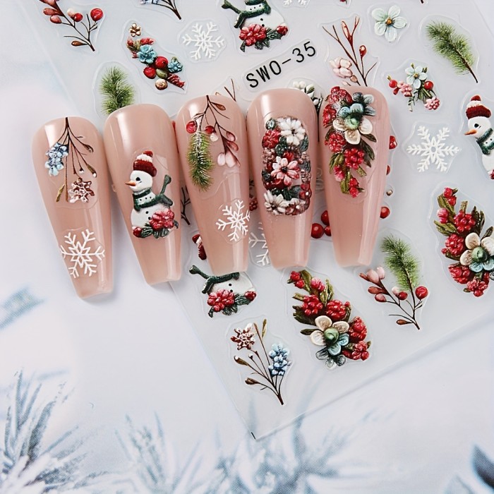 2pcs Christmas Nail Art Stickers - Snowflake & Snowman Designs, Self-Adhesive, Matte Finish, Easy Apply for Festive Manicures