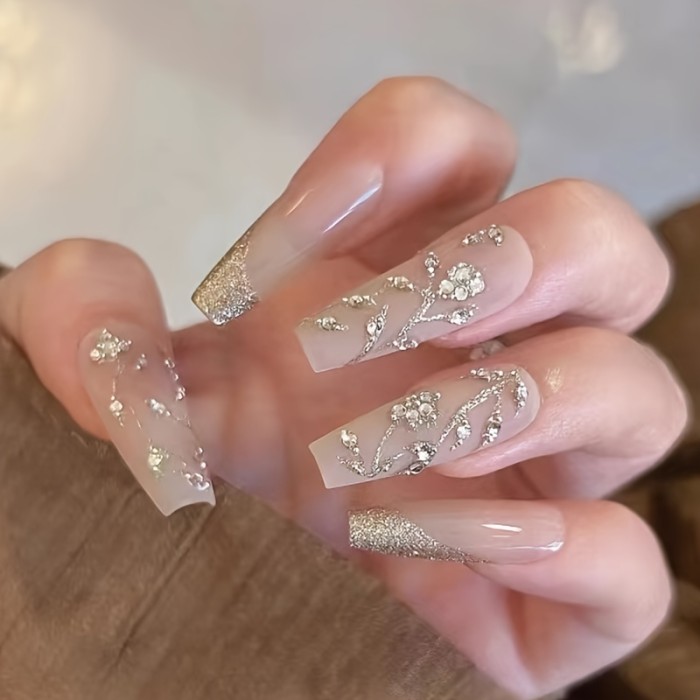 Glamorous Long Ballet Press On Nails – Elegant Nude Glossy Finish with Glitter Rhinestone Floral Desi actionTypes to Keep Women's Manicure Everyday Chic
