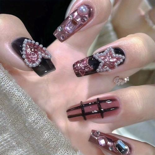 24pcs Medium Coffin Press on Nails Set, Glamorous Black French Tip with Sparkling 3D Rhinestones, Pearl, and Adorable Pink Hearts Designs, Easy-Apply, Reusable, and Long-Lasting Artificial Acrylic Nails for Women