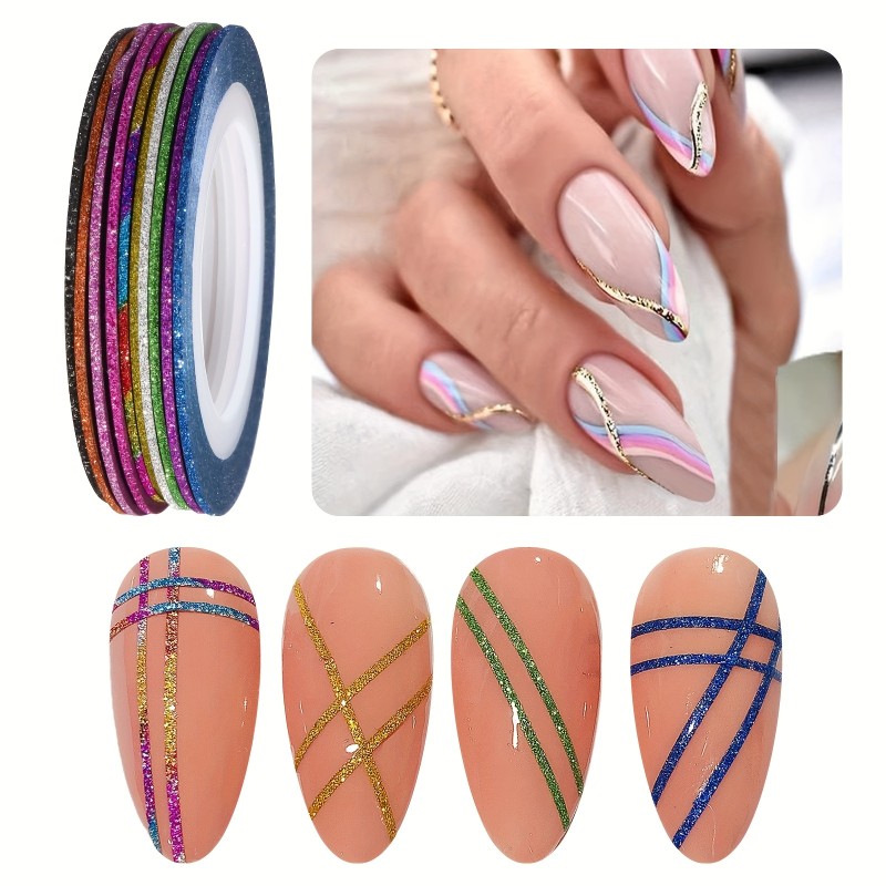 10 Rolls Glitter Nail Art Striping Tape Line Sticker Tips Decorations Self-Adhesive 3D Decals Manicure Tools