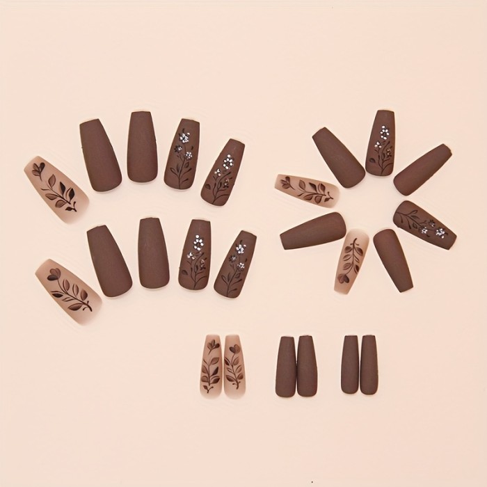 24pcs Chic Brown French Press-On Nails - Medium Long Coffin Shape with Floral & Plant Design, Glossy Finish - Reusable Fake Nails for Women and Girls