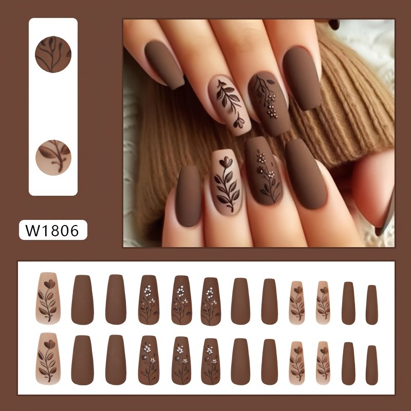 24pcs Chic Brown French Press-On Nails - Medium Long Coffin Shape with Floral & Plant Design, Glossy Finish - Reusable Fake Nails for Women and Girls