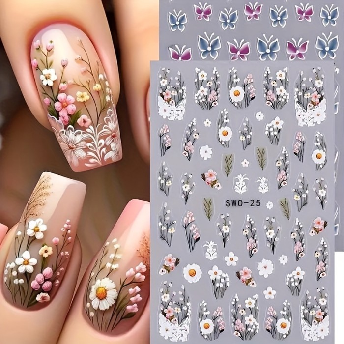 Resin Floral Butterfly Nail Stickers with Embroidery Details - Self-Adhesive, Durable, and Reusable for Hand and Foot Nail Art
