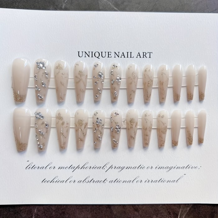 Glamorous Long Ballet Press On Nails – Elegant Nude Glossy Finish with Glitter Rhinestone Floral Desi actionTypes to Keep Women's Manicure Everyday Chic