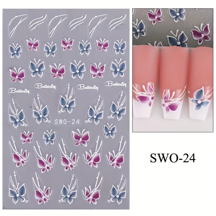 Resin Floral Butterfly Nail Stickers with Embroidery Details - Self-Adhesive, Durable, and Reusable for Hand and Foot Nail Art