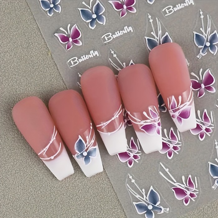 Resin Floral Butterfly Nail Stickers with Embroidery Details - Self-Adhesive, Durable, and Reusable for Hand and Foot Nail Art