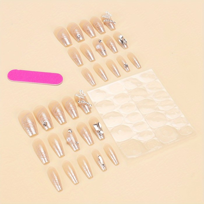 30pcs Long Ballerina Press On Nails - Nail Tips with Glitter Butterfly Design, Jelly Glue & Nail File for Chic Style Manicure Nail Art - Easy to Apply, Durable, and Long-Lasting False Nails for Women and Girls
