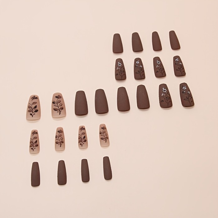 24pcs Chic Brown French Press-On Nails - Medium Long Coffin Shape with Floral & Plant Design, Glossy Finish - Reusable Fake Nails for Women and Girls