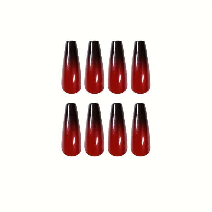 Coffin Press On Nails Long Retro Red Fake Nails With Designs Ombre Glossy False Nails Full Cover French Tip Nails Halloween Acrylic Nails For Women And Girls (24pcs)
