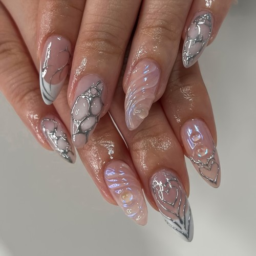 24pcs Medium Almond Shaped 3D Heart & Stripe Design Press-On Nail Tips Set Durable False Nails for Women and Girls with Easy Application and Long-Lasting Wear