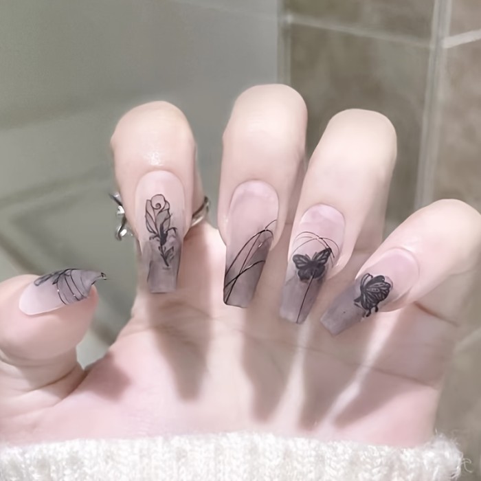 24pcs Matte Long Ballet Fake Nails - Black Gradient Press On Nails with Butterfly, Rose Flower Design, Vintage and Elegant False Nails for Women and Girls with Easy Wear and Long-Lasting Finish