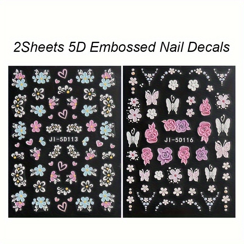 2sheets 5D Embossed Flower Nail Stickers Pink Blue Petals Butterfly French Line Acrylic Spring Summer Floral Slider Nail Decor Nail Art Supplies