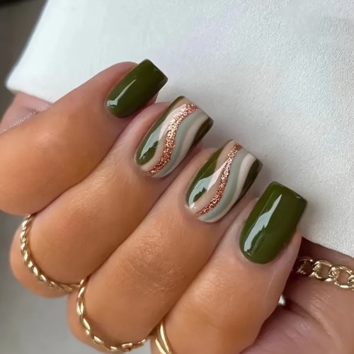 Eco-Chic, Chic Army Green Glitter Swirl Press-On Nails - Short Square, High-Quality False Nails for Women & Girls