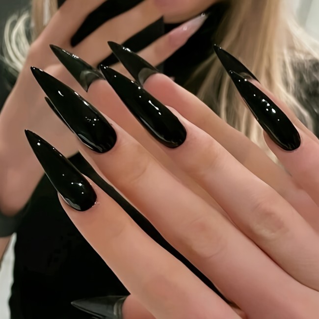 24pcs Super Long Ballet Stiletto Black Press-On Nails, Glossy Solid Color Fake Nail Set, Non-Toxic Full Cover Faux Nails for Daily & Party Wear