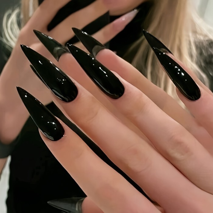 24pcs Super Long Ballet Stiletto Black Press-On Nails, Glossy Solid Color Fake Nail Set, Non-Toxic Full Cover Faux Nails for Daily & Party Wear