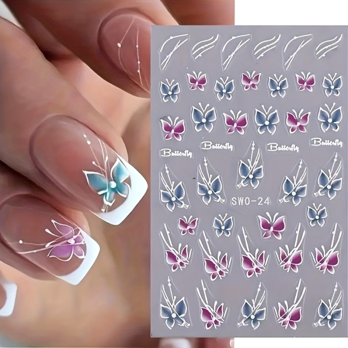 Resin Floral Butterfly Nail Stickers with Embroidery Details - Self-Adhesive, Durable, and Reusable for Hand and Foot Nail Art