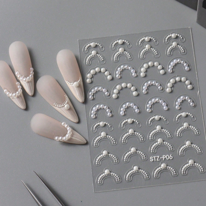 High Gloss Pearl Jewelry French Tip Nail Art Stickers - Self-Adhesive Holographic Decals for Manicure Design, 1pc