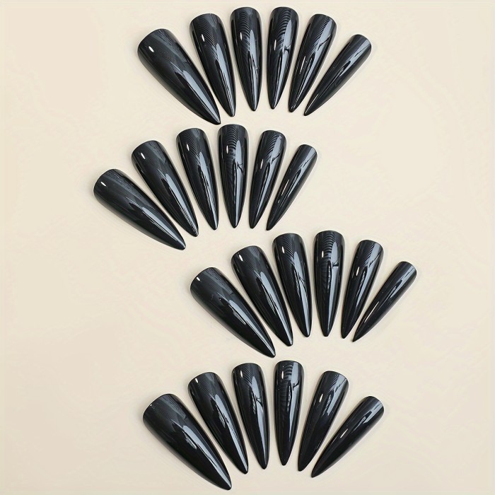 24pcs Super Long Ballet Stiletto Black Press-On Nails, Glossy Solid Color Fake Nail Set, Non-Toxic Full Cover Faux Nails for Daily & Party Wear