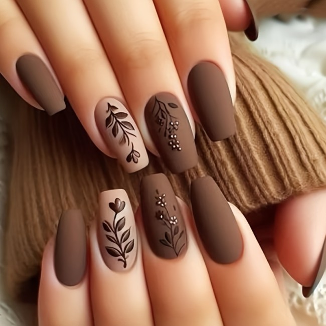 24pcs Chic Brown French Press-On Nails - Medium Long Coffin Shape with Floral & Plant Design, Glossy Finish - Reusable Fake Nails for Women and Girls