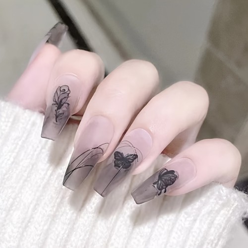 24pcs Matte Long Ballet Fake Nails - Black Gradient Press On Nails with Butterfly, Rose Flower Design, Vintage and Elegant False Nails for Women and Girls with Easy Wear and Long-Lasting Finish