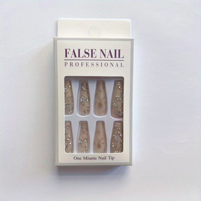 Glamorous Long Ballet Press On Nails – Elegant Nude Glossy Finish with Glitter Rhinestone Floral Desi actionTypes to Keep Women's Manicure Everyday Chic