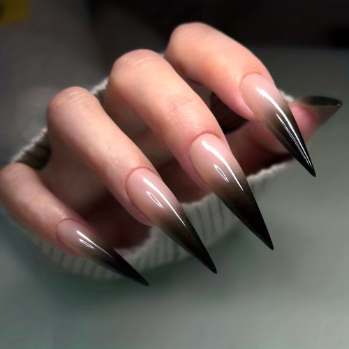 24pcs Glossy Black Gradient Press On Nails - Long Stiletto False Nails for Elegant Women and Girls, Halloween Nails