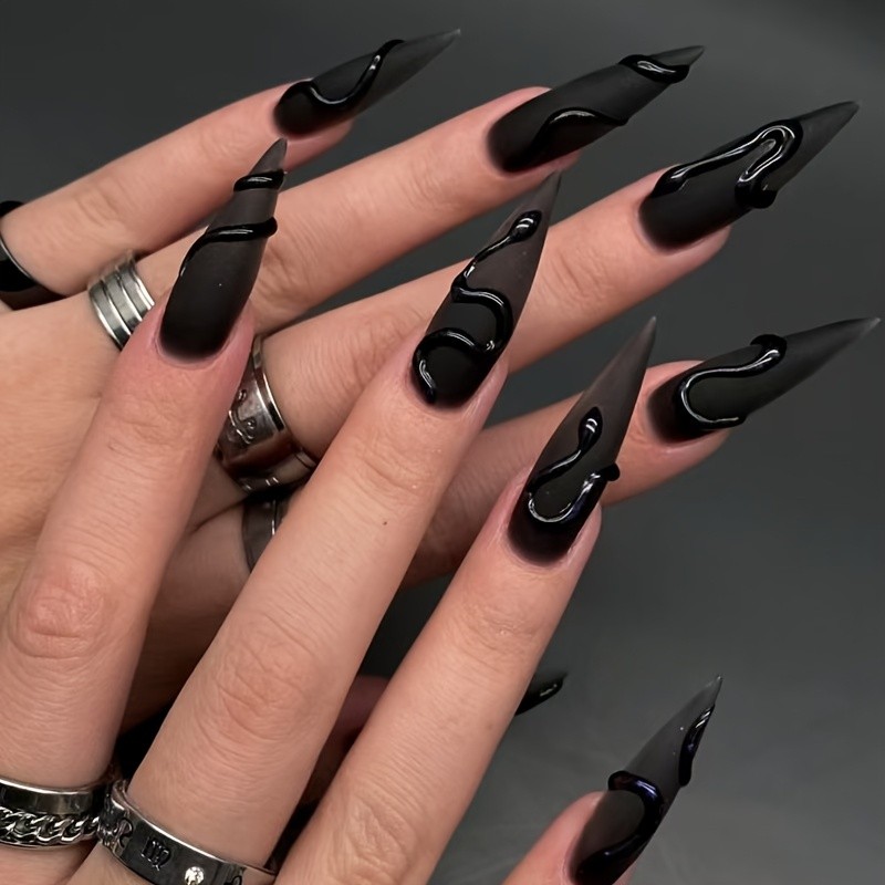 Elegant Handcrafted Black Matte Press-On Nails - Long Almond Shape, Solid Color, Easy to Apply & Remove for a Chic Look