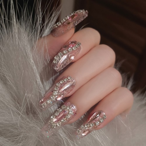 24pcs Luxurious Glossy Long Ballet Shaped Fake Nails - Full Rhinestone Encrusted, Y2K Pink, Press-On Design, Durable, Reusable, Easy to Apply, Perfect for Women and Girls, Daily Party Wear, Special Occasions, and Nail Art Enthusiasts
