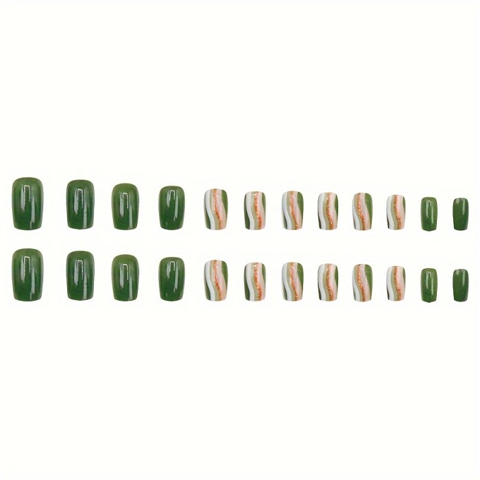 Eco-Chic, Chic Army Green Glitter Swirl Press-On Nails - Short Square, High-Quality False Nails for Women & Girls
