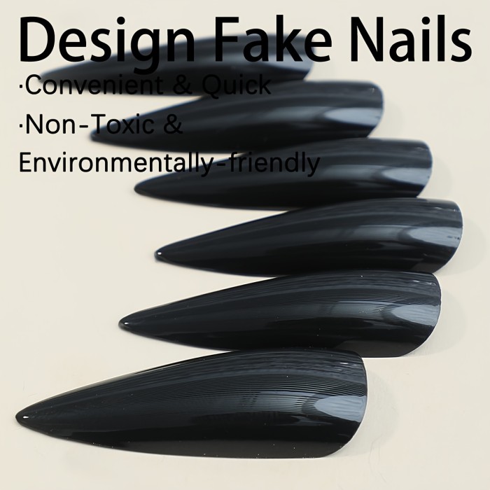 24pcs Super Long Ballet Stiletto Black Press-On Nails, Glossy Solid Color Fake Nail Set, Non-Toxic Full Cover Faux Nails for Daily & Party Wear