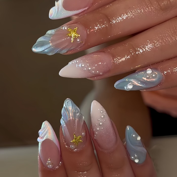 24-Piece Luxury Fashion Almond Shaped Long Press on Nails Set with Star and Pearl Accents, Glossy French Stripe Design, Mixed Color Tones, Includes Jelly Adhesive and Nail File for Women