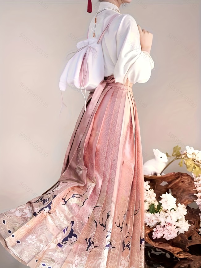 Pink Floral Hanfu Dress with Long Sleeves - Traditional Chinese Style, Polyester, Non-Stretch Fabric for All Seasons