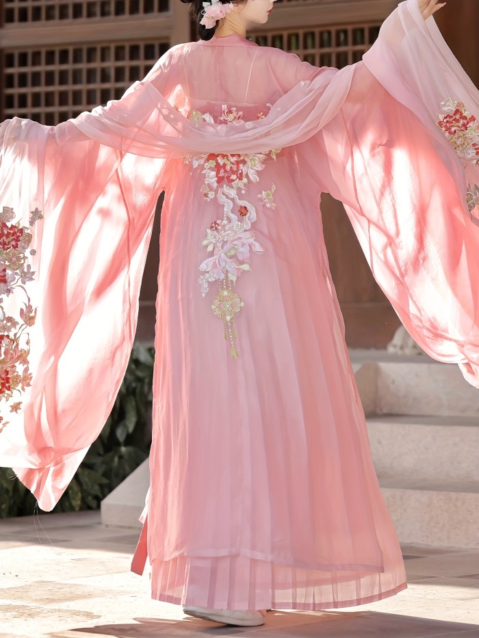 1pc Tang Dynasty Style Hanfu Dress for Women - Floral Embroidery, Long Sleeve, Polyester, Woven, Spring\u002FFall Appropriate, Long Length Gown with Lining