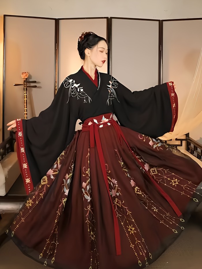 Elegant Hanfu Dress for Women - Traditional Chinese Han & Tang Dynasty Costume with Floral Print, Long Sleeves, and Belt - Perfect for All Seasons