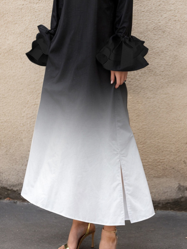 A-Line Flared Sleeves Gradient Split-Side Lapel Maxi Dresses