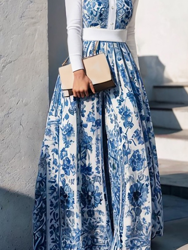 A-Line High Waisted Buttoned Flower Print Pleated Split-Joint Lapel Maxi Dresses