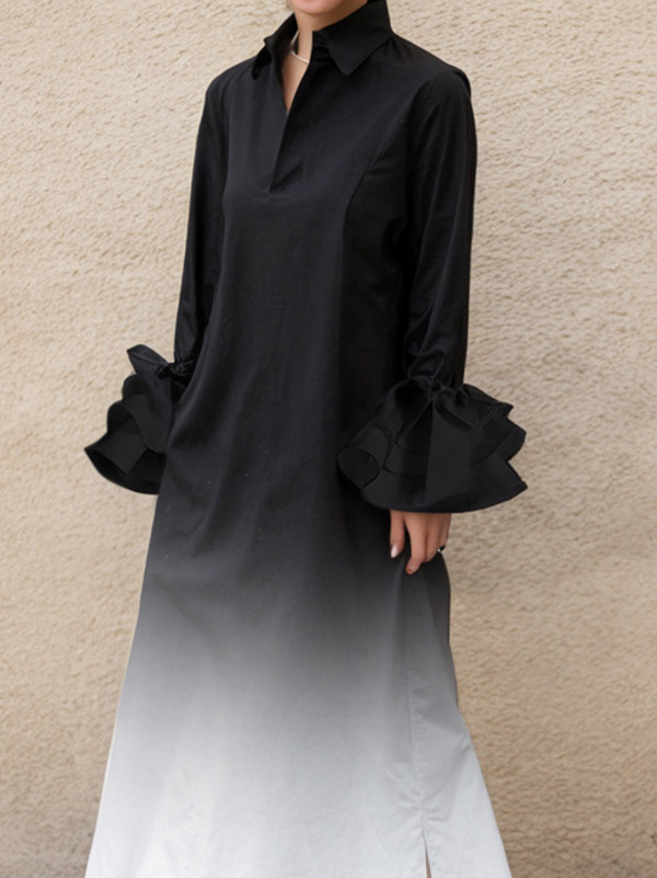 A-Line Flared Sleeves Gradient Split-Side Lapel Maxi Dresses