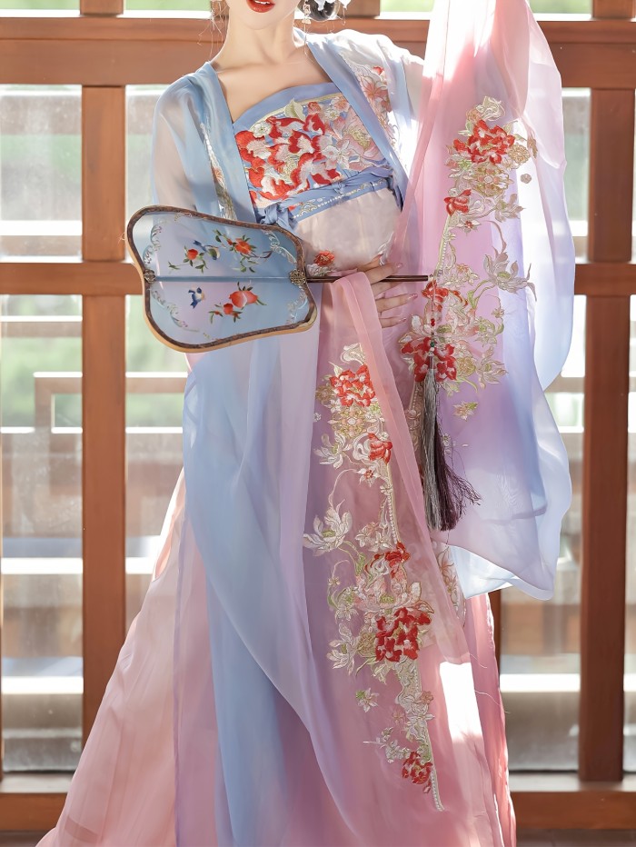 Traditional Chinese Hanfu Dress for Women, Polyester Floral Embroidered Tang-Style Long-Sleeve Cheongsam with Harem Skirt, Woven Fabric, with Belt for Spring\u002FFall