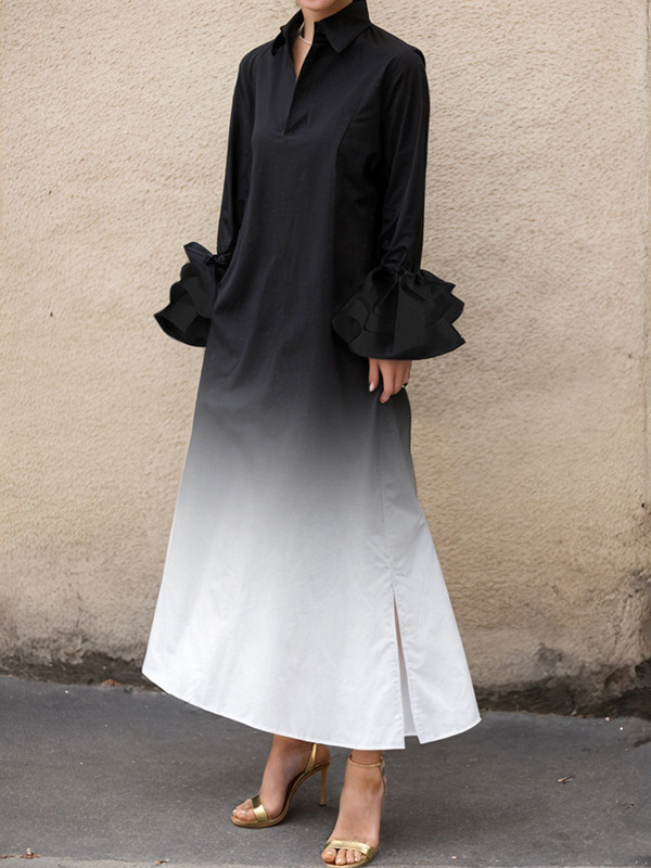A-Line Flared Sleeves Gradient Split-Side Lapel Maxi Dresses