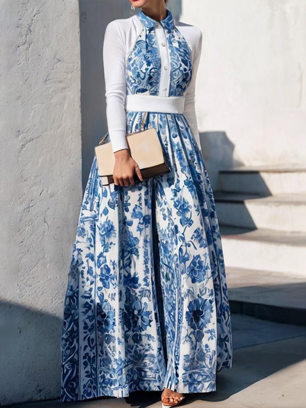 A-Line High Waisted Buttoned Flower Print Pleated Split-Joint Lapel Maxi Dresses