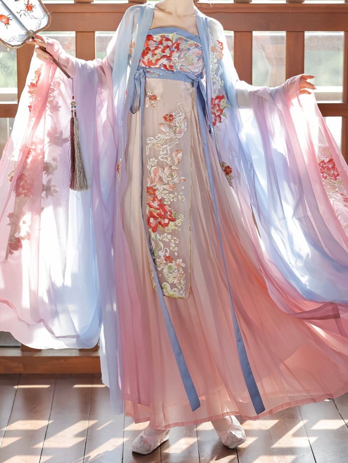 Traditional Chinese Hanfu Dress for Women, Polyester Floral Embroidered Tang-Style Long-Sleeve Cheongsam with Harem Skirt, Woven Fabric, with Belt for Spring\u002FFall