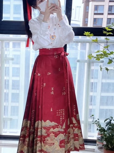 Red Landscape with Golden Printing, 5-fold Printed Horse Face Skirt, Ming Dynasty Hanfu, National Style, One-piece Pleated Long Skirt, Vintage Half Skirt, Ethnic Style Stage Costume
