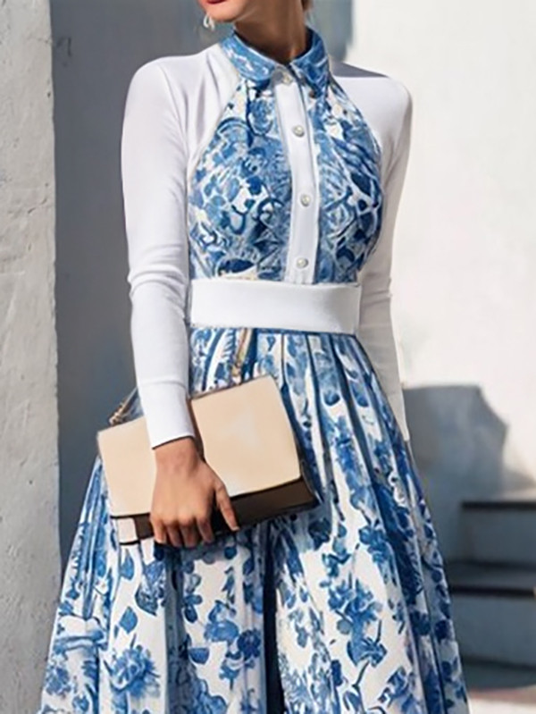 A-Line High Waisted Buttoned Flower Print Pleated Split-Joint Lapel Maxi Dresses