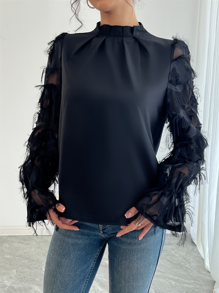 Elegant Tassel Mesh Panel Mock Neck Blouse with Ruffle Detail and Back Clasp - Solid Color, Machine Washable